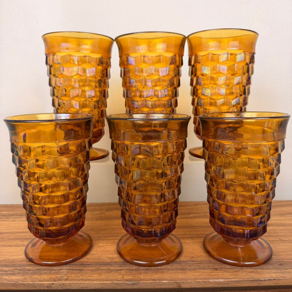 Vintage Indiana Glass Co. Whitehall Colony Amber Glass Footed Tumblers Set of 6